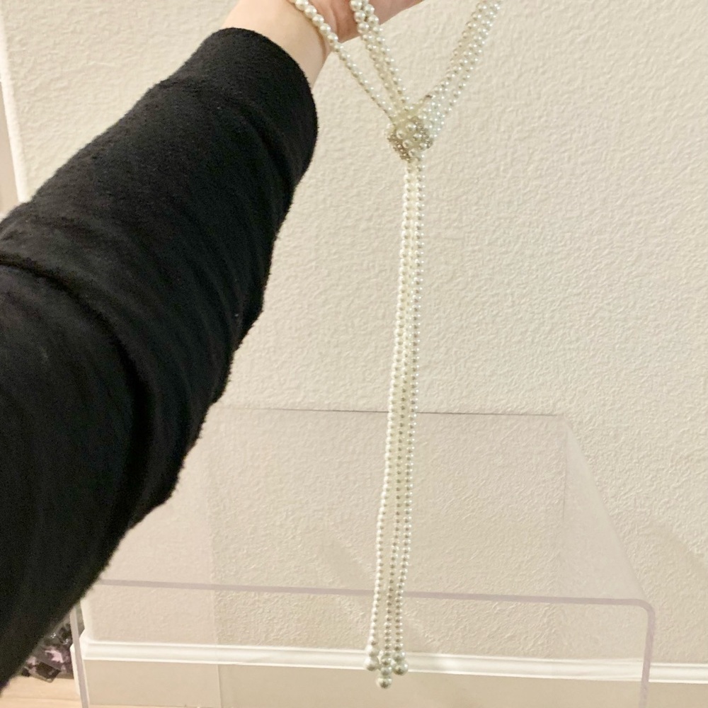 🐚 Triple Strand Glass Pearl Crystals Lariat Choker Statement Necklace - Picture 6 of 7